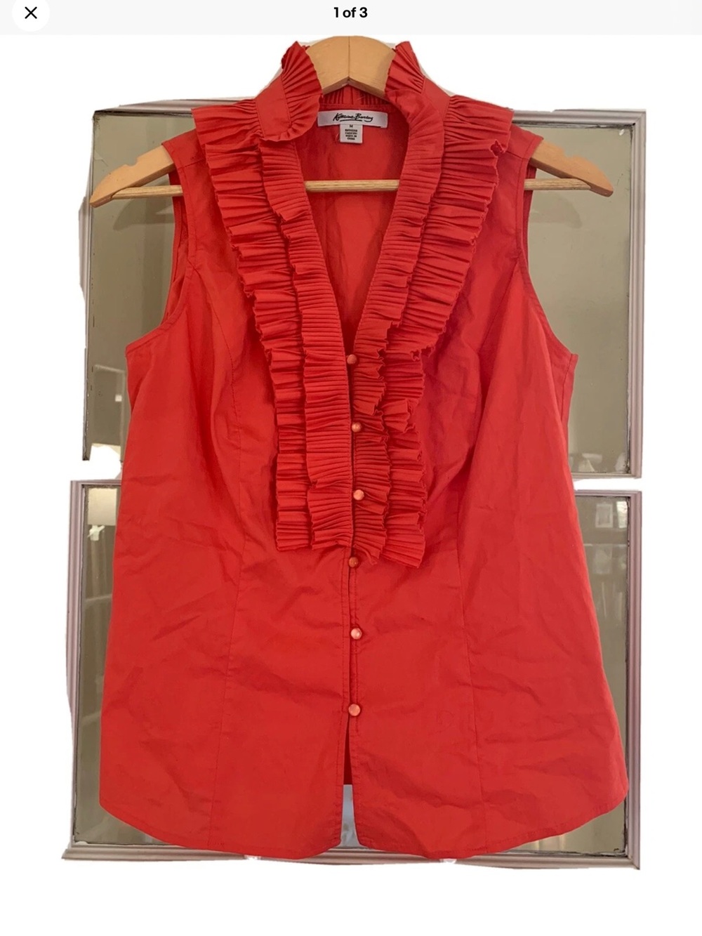 Sleeveless Ruffle-Front Button-Down Top in Coral